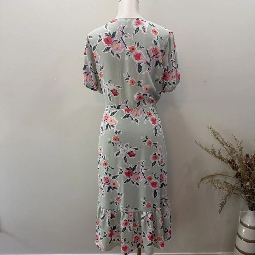 LC Lauren Conrad Size Large Sage Green Floral Faux-Wrap Midi Dress Cottagecore - Picture 6 of 15